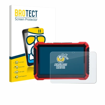 Parte frontal de un envase de producto con el logotipo de la marca BROTECT. Al lado se muestra el dispositivo Launch X-431 Pad