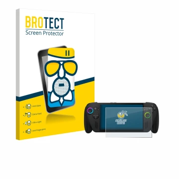 Parte frontal de un envase de producto con el logotipo de la marca BROTECT. Al lado se muestra el dispositivo ASUS ROG Ally X 