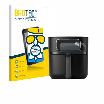 Parte frontal de un envase de producto con el logotipo de la marca BROTECT. Al lado se muestra el dispositivo Philips Airfryer