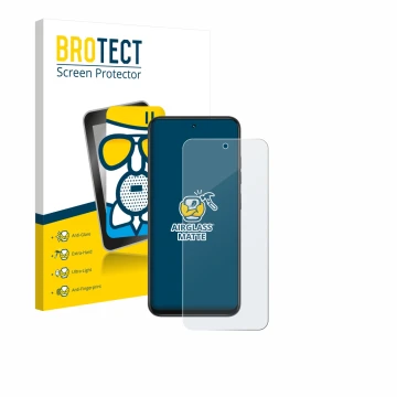 Parte frontal de un envase de producto con el logotipo de la marca BROTECT. Al lado se muestra el dispositivo Infinix Smart 10