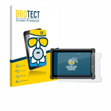 Parte frontal de un envase de producto con el logotipo de la marca BROTECT. Al lado se muestra el dispositivo onerugged W10 J 