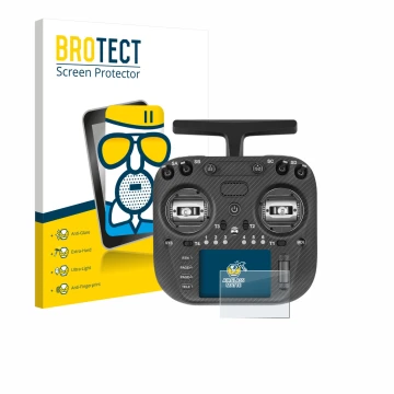 Parte frontal de un envase de producto con el logotipo de la marca BROTECT. Al lado se muestra el dispositivo Radiomaster TX15