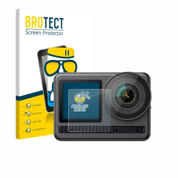 Parte frontal de un envase de producto con el logotipo de la marca BROTECT. Al lado se muestra el dispositivo Akaso Brave 8 (P