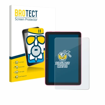 Parte frontal de un envase de producto con el logotipo de la marca BROTECT. Al lado se muestra el dispositivo Amazon Fire HD 8