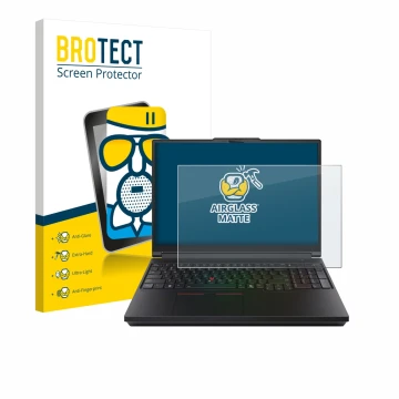 Parte frontal de un envase de producto con el logotipo de la marca BROTECT. Al lado se muestra el dispositivo Lenovo ThinkPad 