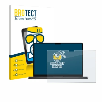 Parte frontal de un envase de producto con el logotipo de la marca BROTECT. Al lado se muestra el dispositivo Apple MacBook Pr