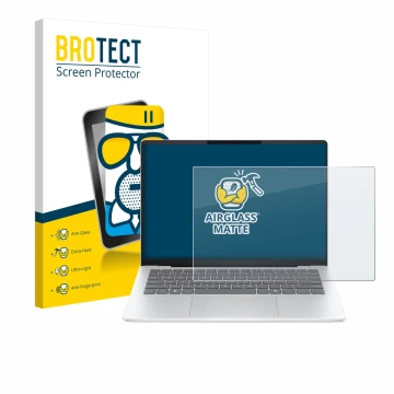 Parte frontal de un envase de producto con el logotipo de la marca BROTECT. Al lado se muestra el dispositivo HP OmniBook 5 14