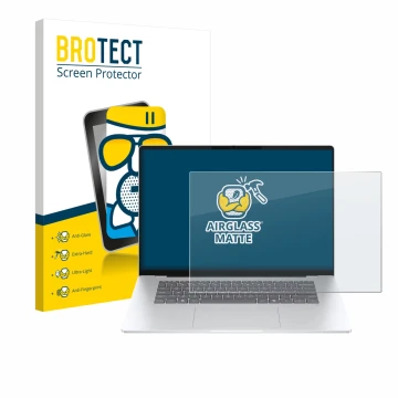 Parte frontal de un envase de producto con el logotipo de la marca BROTECT. Al lado se muestra el dispositivo HP OmniBook 5 16