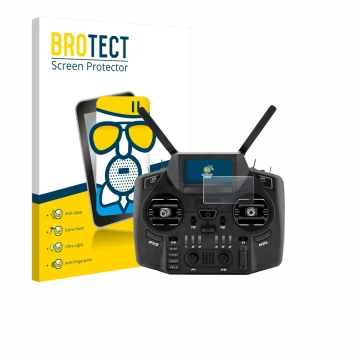 Parte frontal de un envase de producto con el logotipo de la marca BROTECT. Al lado se muestra el dispositivo Radiomaster GX12