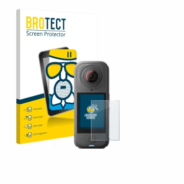 Parte frontal de un envase de producto con el logotipo de la marca BROTECT. Al lado se muestra el dispositivo Insta360 X4 Air 