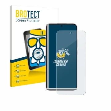 Parte frontal de un envase de producto con el logotipo de la marca BROTECT. Al lado se muestra el dispositivo Oppo Reno 14 con