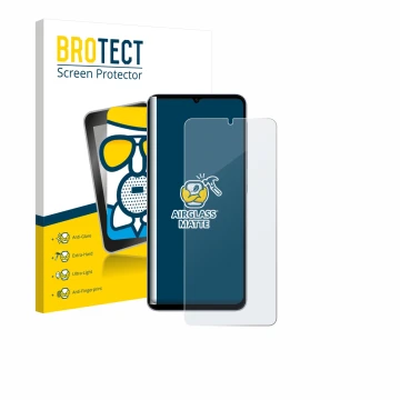 Parte frontal de un envase de producto con el logotipo de la marca BROTECT. Al lado se muestra el dispositivo Samsung Galaxy A