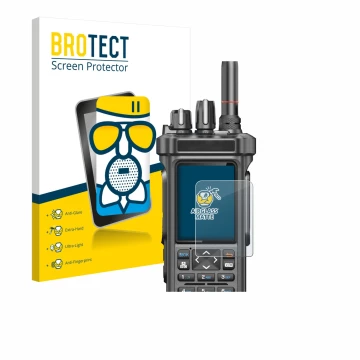 Parte frontal de un envase de producto con el logotipo de la marca BROTECT. Al lado se muestra el dispositivo Radtel RT-950 Pr