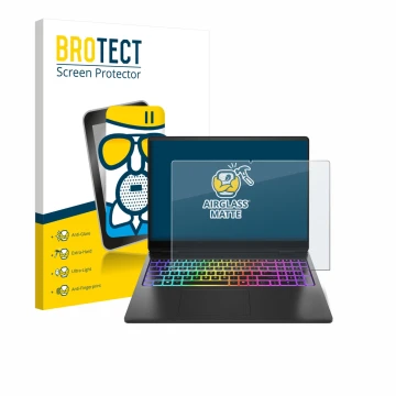 Parte frontal de un envase de producto con el logotipo de la marca BROTECT. Al lado se muestra el dispositivo HP Omen Max 16 c