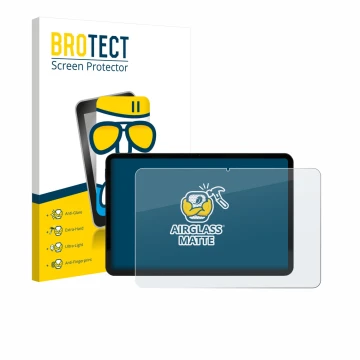 Parte frontal de un envase de producto con el logotipo de la marca BROTECT. Al lado se muestra el dispositivo Volla Tablet 12.