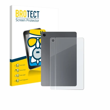 Parte frontal de un envase de producto con el logotipo de la marca BROTECT. Al lado se muestra el dispositivo Samsung Galaxy T