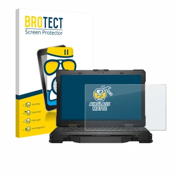 Parte frontal de un envase de producto con el logotipo de la marca BROTECT. Al lado se muestra el dispositivo Dell Pro Rugged 
