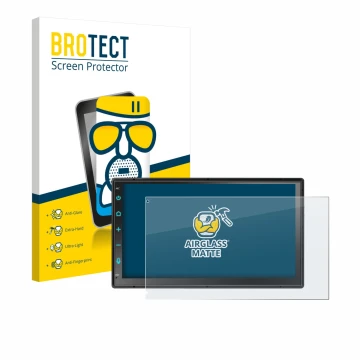 Parte frontal de un envase de producto con el logotipo de la marca BROTECT. Al lado se muestra el dispositivo Atoto F7 WE F7G2