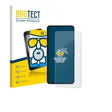 Parte frontal de un envase de producto con el logotipo de la marca BROTECT. Al lado se muestra el dispositivo Nubia Neo 3 GT 5