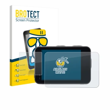 Parte frontal de un envase de producto con el logotipo de la marca BROTECT. Al lado se muestra el dispositivo Akaso Brave 7 co