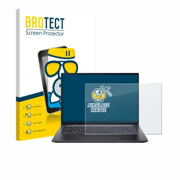 Parte frontal de un envase de producto con el logotipo de la marca BROTECT. Al lado se muestra el dispositivo Acer Swift X 14 