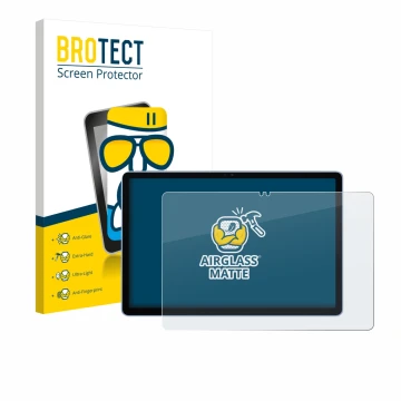 Parte frontal de un envase de producto con el logotipo de la marca BROTECT. Al lado se muestra el dispositivo Itel VistaTab 30