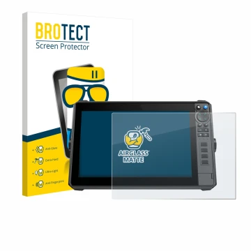 Parte frontal de un envase de producto con el logotipo de la marca BROTECT. Al lado se muestra el dispositivo Lowrance HDS-12 