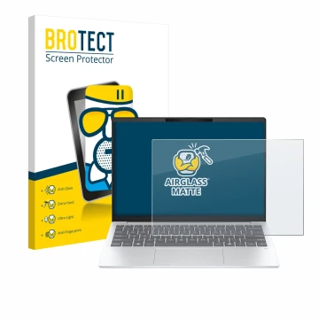 Parte frontal de un envase de producto con el logotipo de la marca BROTECT. Al lado se muestra el dispositivo HP OmniBook 7 Ae