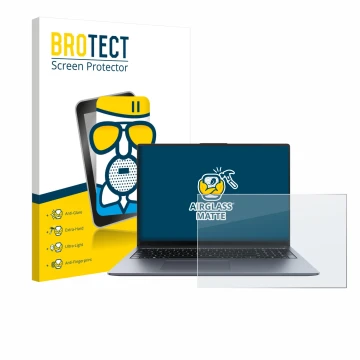 Parte frontal de un envase de producto con el logotipo de la marca BROTECT. Al lado se muestra el dispositivo Huawei MateBook 
