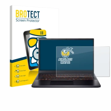 Parte frontal de un envase de producto con el logotipo de la marca BROTECT. Al lado se muestra el dispositivo Acer Nitro V 15 