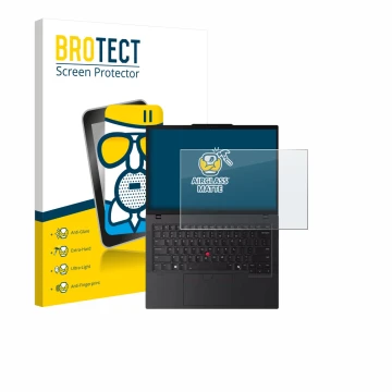 Parte frontal de un envase de producto con el logotipo de la marca BROTECT. Al lado se muestra el dispositivo Lenovo ThinkPad 