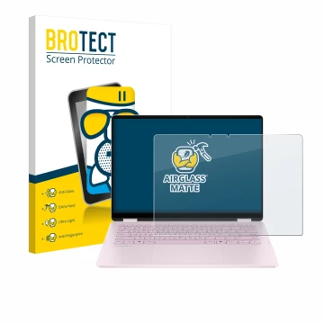 Parte frontal de un envase de producto con el logotipo de la marca BROTECT. Al lado se muestra el dispositivo HP OmniBook 5 Fl