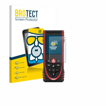 Parte frontal de un envase de producto con el logotipo de la marca BROTECT. Al lado se muestra el dispositivo Leica DISTO X3 c