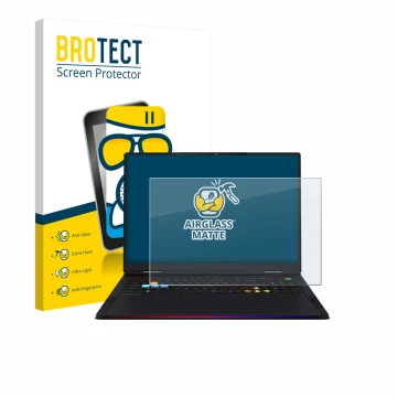 Parte frontal de un envase de producto con el logotipo de la marca BROTECT. Al lado se muestra el dispositivo MSI Raider A18 H