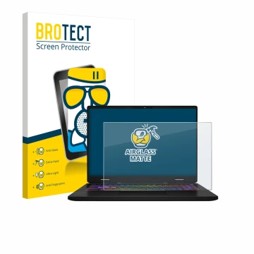 Parte frontal de un envase de producto con el logotipo de la marca BROTECT. Al lado se muestra el dispositivo MSI Vector 16 HX