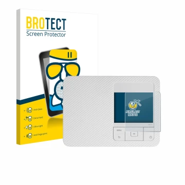 Parte frontal de un envase de producto con el logotipo de la marca BROTECT. Al lado se muestra el dispositivo Canon Selphy CP1