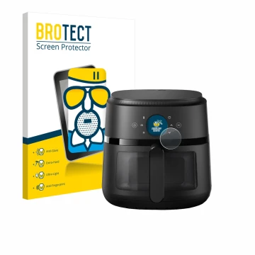 Parte frontal de un envase de producto con el logotipo de la marca BROTECT. Al lado se muestra el dispositivo Philips Airfryer