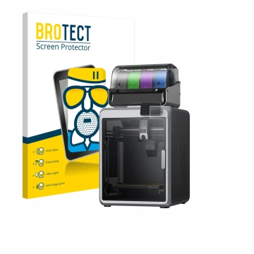 Parte frontal de un envase de producto con el logotipo de la marca BROTECT. Al lado se muestra el dispositivo Creality K2 con 