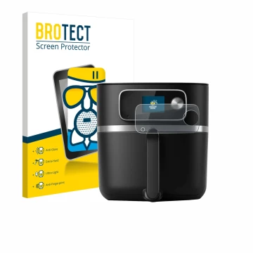 Parte frontal de un envase de producto con el logotipo de la marca BROTECT. Al lado se muestra el dispositivo Philips Airfryer