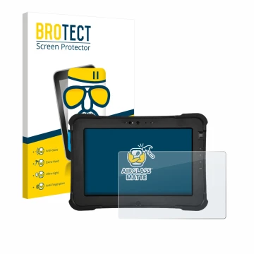 Parte frontal de un envase de producto con el logotipo de la marca BROTECT. Al lado se muestra el dispositivo Zebra XSlate L10