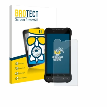 Parte frontal de un envase de producto con el logotipo de la marca BROTECT. Al lado se muestra el dispositivo Zebra Xplore M60