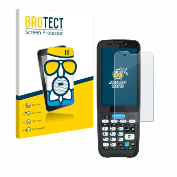 Parte frontal de un envase de producto con el logotipo de la marca BROTECT. Al lado se muestra el dispositivo Unitech HT330 co