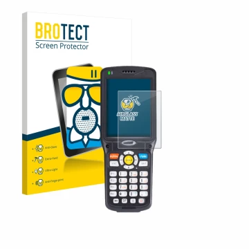 Parte frontal de un envase de producto con el logotipo de la marca BROTECT. Al lado se muestra el dispositivo Unitech HT510 co