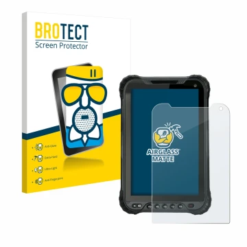 Parte frontal de un envase de producto con el logotipo de la marca BROTECT. Al lado se muestra el dispositivo Unitech TB85 con