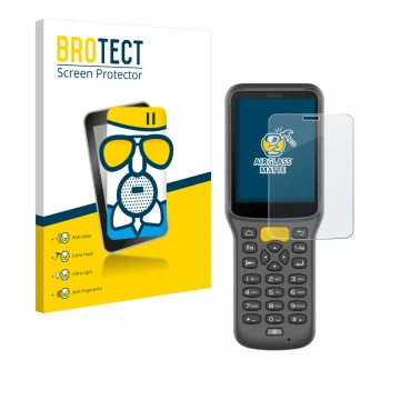 Parte frontal de un envase de producto con el logotipo de la marca BROTECT. Al lado se muestra el dispositivo Newland MT37 Bai
