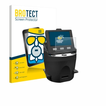 Parte frontal de un envase de producto con el logotipo de la marca BROTECT. Al lado se muestra el dispositivo Kodak SCANZA con