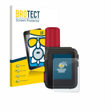 Parte frontal de un envase de producto con el logotipo de la marca BROTECT. Al lado se muestra el dispositivo Garmin inReach M