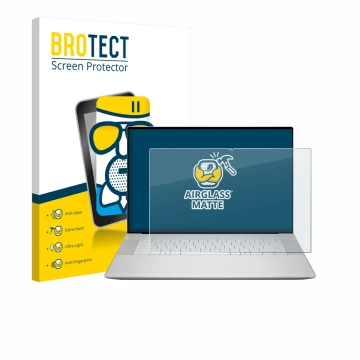 Parte frontal de un envase de producto con el logotipo de la marca BROTECT. Al lado se muestra el dispositivo Dell 16 Premium 