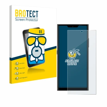 Parte frontal de un envase de producto con el logotipo de la marca BROTECT. Al lado se muestra el dispositivo Jolla Phone con 