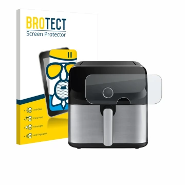 Parte frontal de un envase de producto con el logotipo de la marca BROTECT. Al lado se muestra el dispositivo Tefal Easy Fry M